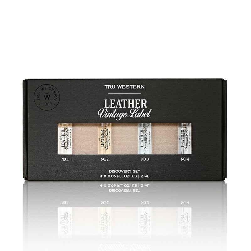 Leather Vintage Label Discovery Set by Tru Western, Set of 4, Including Leather No. 1, No. 2, No. 3, and No. 4, Masculine Fragrance Gift Set