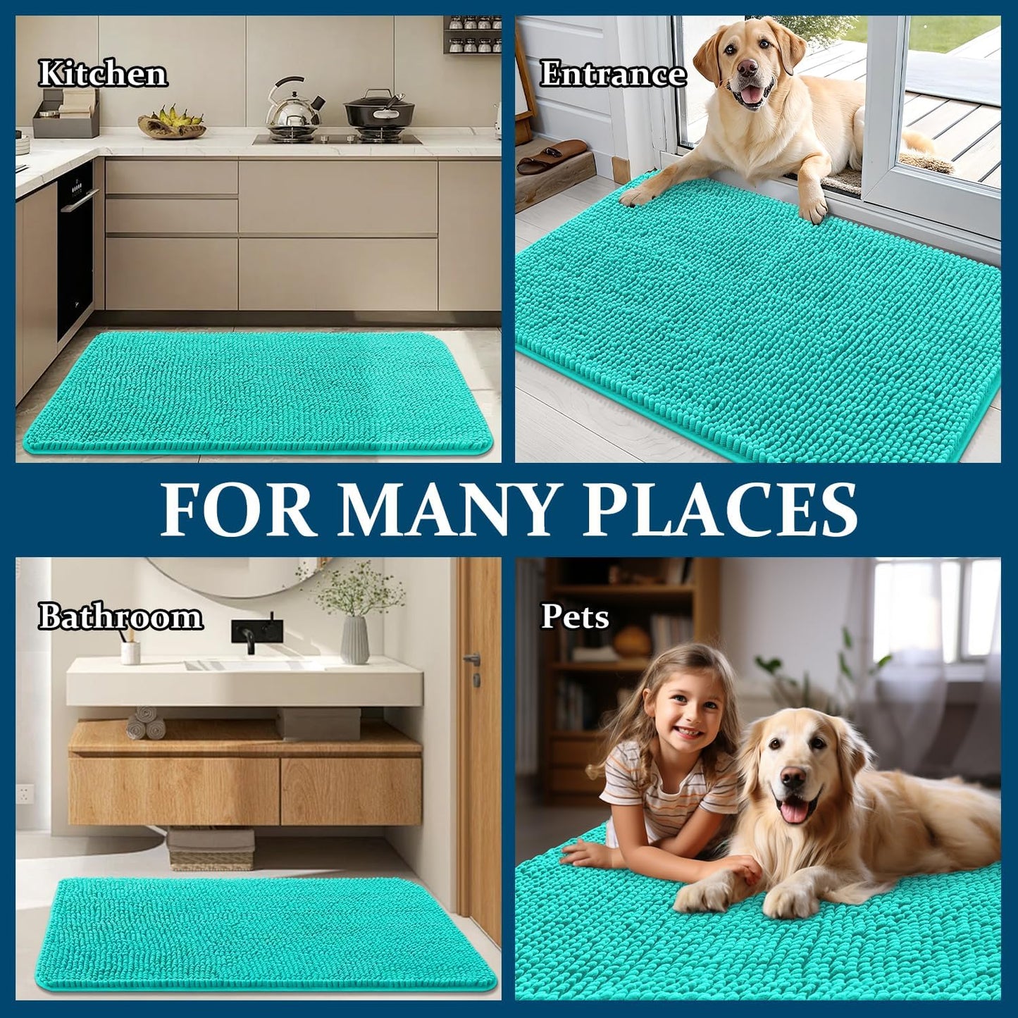 OLANLY Dog Door Mat - Absorbent Non-Slip Chenille Mat for Muddy Paws | 54x32, Quick Dry, Teal