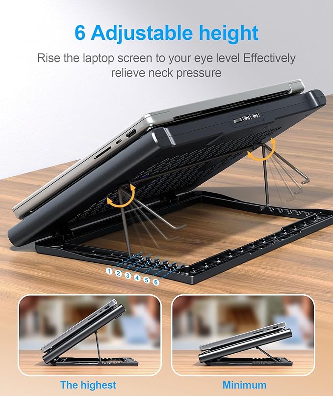 MOKURU Laptop Cooling Pad Stand, Laptop Cooler with 2 Silent Fans for 10-15.6 Inch Laptops,6 Levels of Height Adjustable Wind Speed with 2 USB Ports (Black)