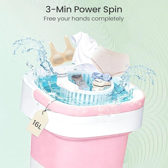 Portable Washing Machine - 16L Mini Foldable Washer with Spin Basket, 3 Cleaning Modes & Deep Cleaning for Small Clothes, Collapsible Laundry for Apartment, Home, Hotel and Travel (Pink)