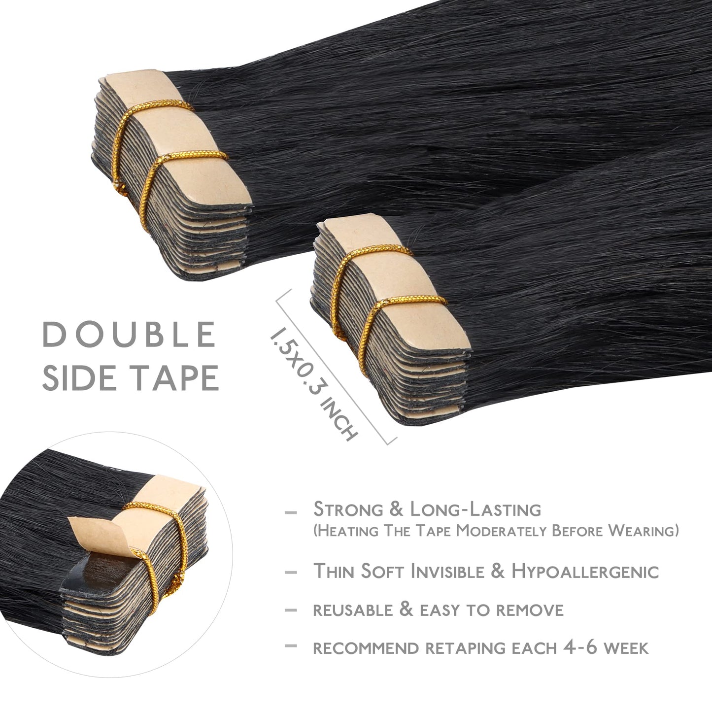 WENNALIFE Tape in Hair Extensions Human Hair, 20pcs 50g 20 inch Jet Black Remy Hair Extensions Straight Human Hair Tape in Extensions Skin Weft Tape Extensions Human Hair