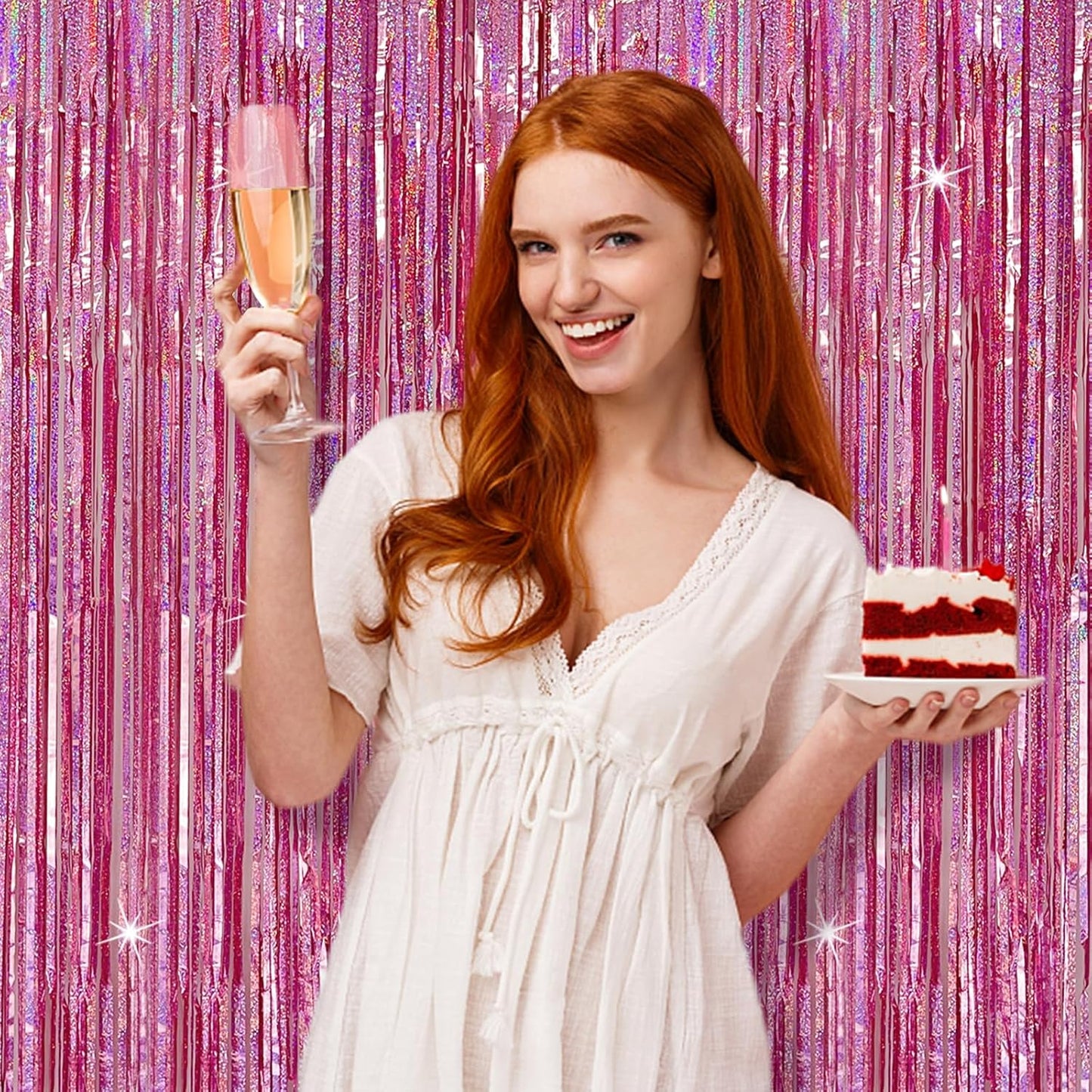 Skiennix Tinsel Curtain | Pink Glitter Foil Fringe Backdrop | 5-Pack Party Decor for Events