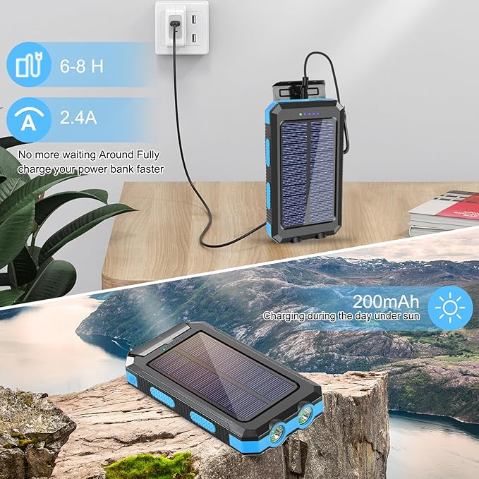 YELOMIN Solar Power Bank 20000mAh, Solar Charger Portable Phone Charger with 4 Built-in Cables, USB-C Fast Charging, Waterproof Battery Pack with Dual Flashlight for Camping Hiking Travel