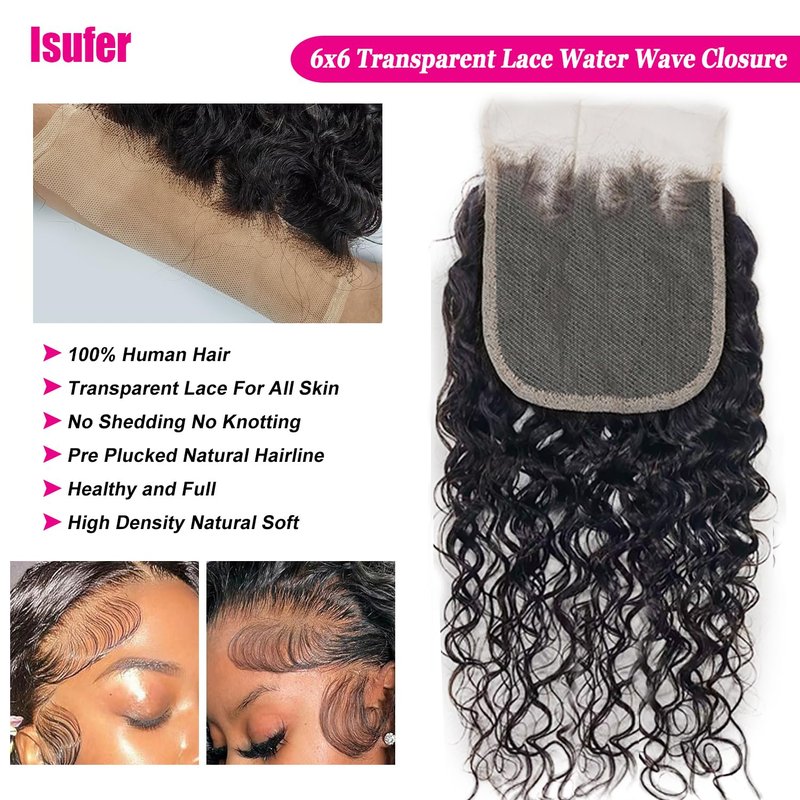 Water Wave 6x6 HD Transparent Lace Closure - 10 Inch Pre-Plucked Natural Hairline with Baby Hair | High Density Brazilian Virgin Human Hair