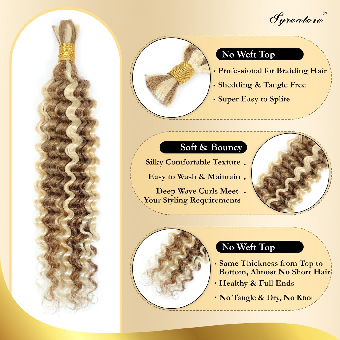 Syrenlore F27/613 Human Hair Deep Wave Bulk for Boho Braids 20 Inch 50G, 12A Multi Blonde Highlight Braiding 100% Real Virgin Hair No Weft Honey Blonde Ombre #27/613 Culry Braids Miracle Knots