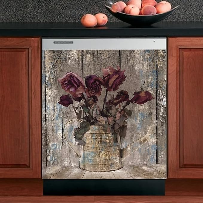 Retro Farm Wood Dishwasher Cover Door Decorative,Retro Rose Dishwasher Magnet Cover Front Sticker,Vintage Farm Floral Dishwasher Decal Home Appliance Panel Stickers 23"x17"