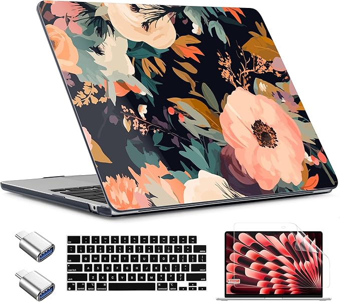 TWOLSKOO for MacBook Air 13 inch Case M5 2026 M4 2025 M3 M2 2024-2022 A3449 A3240 A3113 A2681, Plastic Hard Shell & Keyboard Cover & Type C for MacBook Air 13.6 inch Case, Bright Abstract Flowers