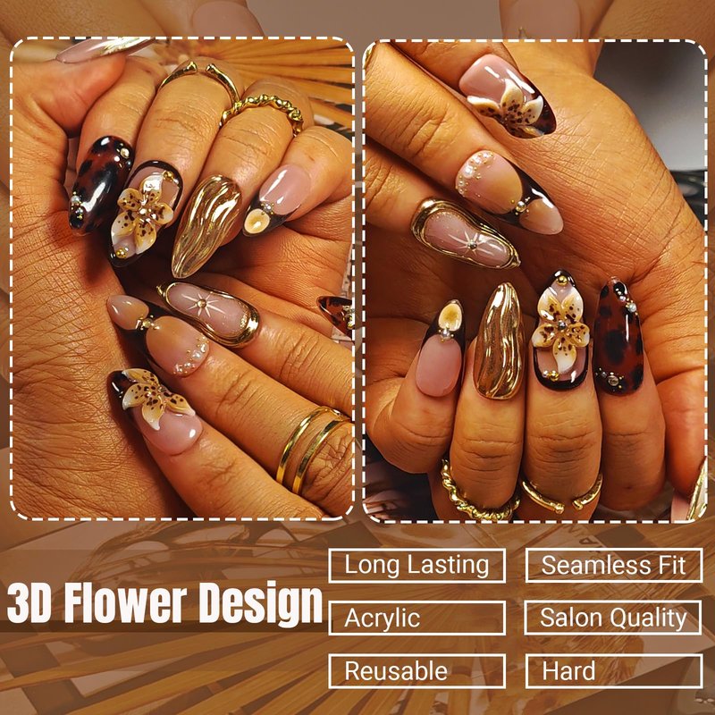 Handmade Acrylic Press On Nails Almond, Brown Press On Nails Medium, Flower 3D Nails French Tip Amber Gold Chrome For Women Gift, Reusable Stick On Fake Nails Kit With Nail Glue(Amber Bloom-S)