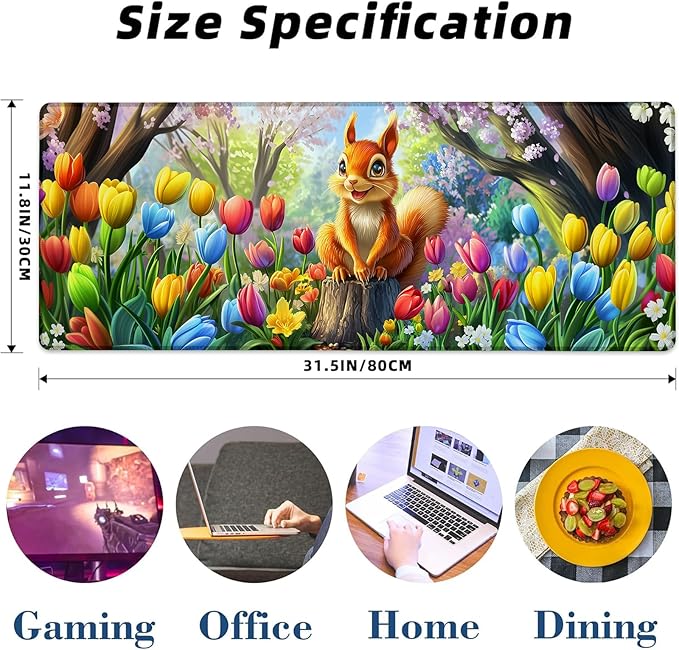 Kibue Adorable Squirrel Gaming Mouse Pad, Colorful Tulip Mousepads for Gaming Home Office Work, Extended Mats Computer Keyboard Laptop, 31.5×11.8 Inch Large Desk Mat with Non-Slip Rubber Base