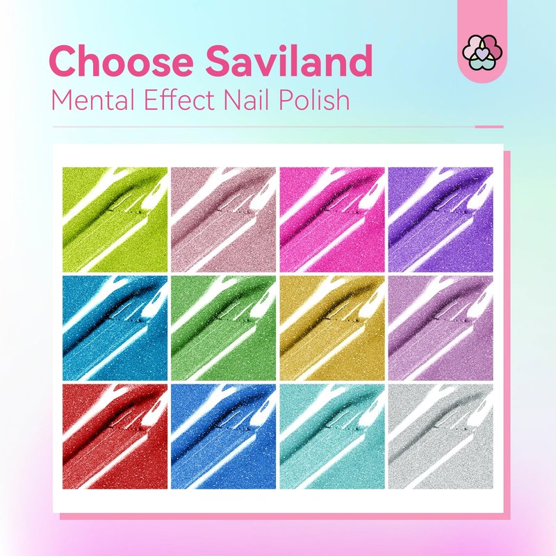 SAVILAND Metallic Nail Polish with Base and Top Coat: Chrome Nail Polish Set 12+2 Colors Mirror Glitter Holographic Silver Pink Quick-Dry Nail Polish for Fingernail French Manicure Art DIY Gift