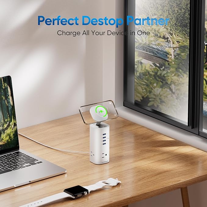 115W Fast Charging Station, TenTrend Power Strip Tower Surge Protector, 5FT Extension Cord with 3AC Outlets & 8 USB Ports(4 USB-C), Flat Plug Charging Tower for Home, Office Supplies, Dorm Room