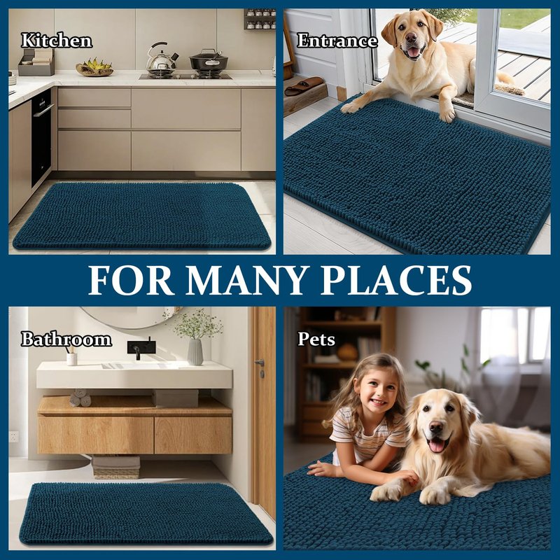 OLANLY Dog Door Mat for Muddy Paws 40x32, Absorbs Moisture and Dirt, Absorbent Non-Slip Washable Doormat, Quick Dry Chenille Mud Mat, Entry Indoor Entryway Carpet for Inside Floor, Atlantic Blue