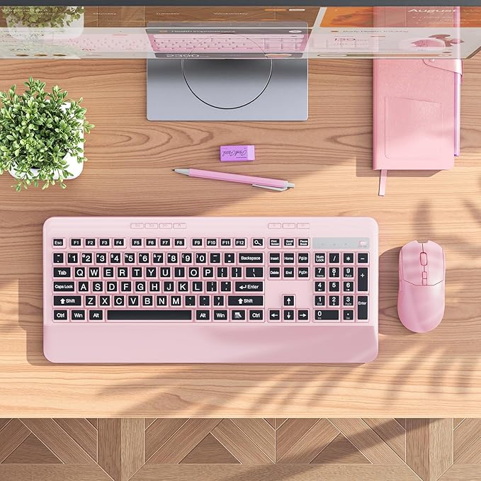 KOPJIPPOM Silent Wireless Keyboard and Mouse Combo - Keyboard with Large Print Cover, 2.4GHz Full-Sized Ergonomic Keyboard with Wrist Rest and Mouse for Laptop, PC, Notebook, Desktop