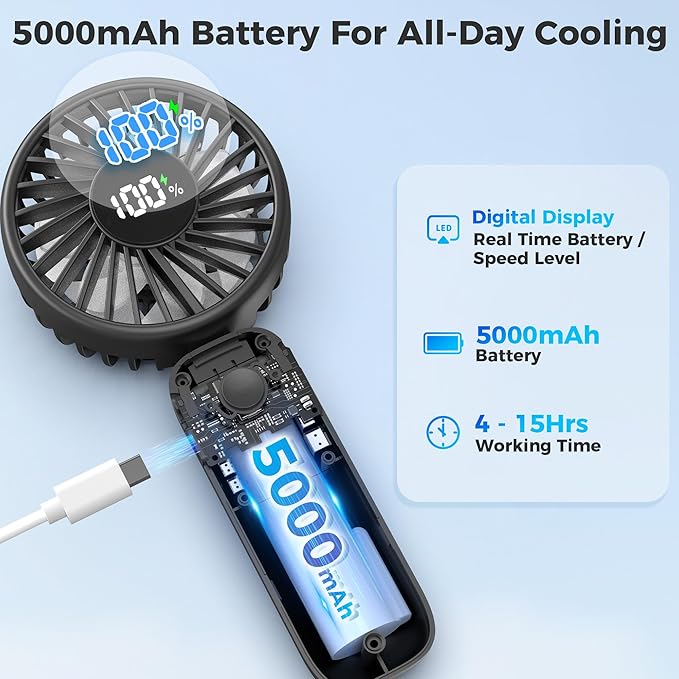 Handheld Fan Foldable, 5000mAh Rechargeable Hand Fans with Powerful Cooling, 4 Speeds, LED Display, Portable Fan for Travel,Concerts,Makeup,Lash,Outdoor Events,Gifts Women