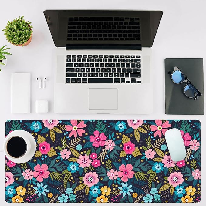 NIYLYNSYN Mouse Pad Large Bright Colorful Flowers Non-Slip Game Desk Mat with Stitched Edge Laptop Keyboard Desk Pad for Work Home Gaming (35.4 x 15.7 Inches)