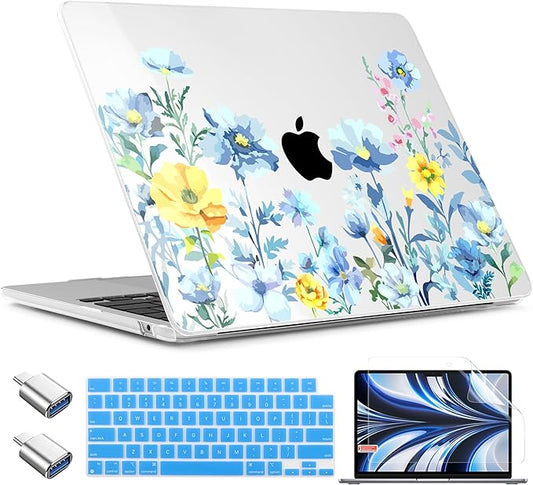 TWOLSKOO for MacBook Air 15 inch Case 2025 2024 2023 Release M4 A3241 M3 A3114 M2 A2941, Plastic Hard Shell & Screen Protector & Keyboard Cover & Type C Adapter, Blue Flowers