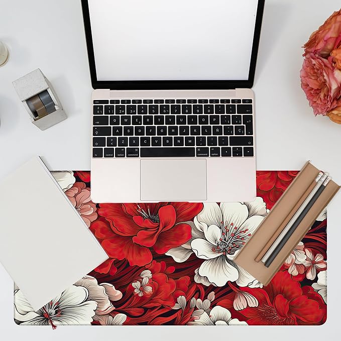KOAIWPAE Desk Pad, Red and White Flowers Desk Mat, Retro Red Floral Large Gaming Mouse Pad, 31.5"x15.7" Extended Big Computer Keyboard Mouse Pad with Non-Slip Base and Stitched Edge