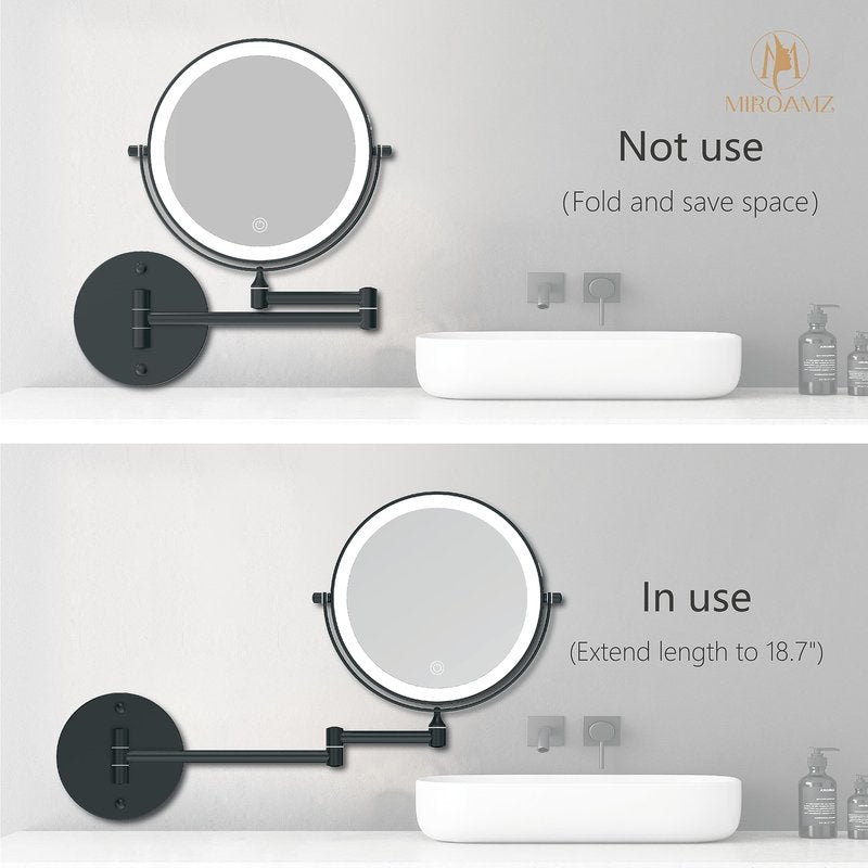 MIROAMZ Rechargeable Wall Mounted Lighted Makeup Vanity Mirror 8 Inch Double Sided 1X 10X Magnifying Bathroom Mirror, 3 Color Lighting, Touch Screen Dimming, 360 Rotation Shaving Matte Black