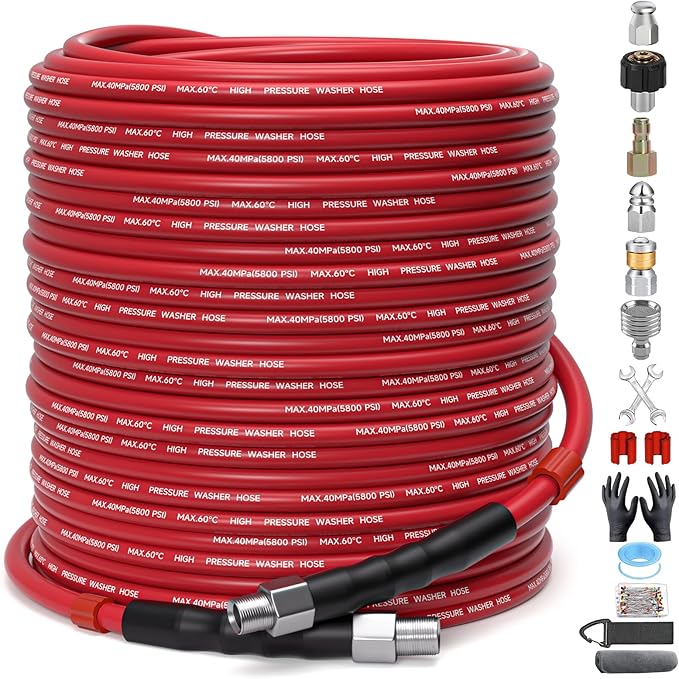Sewer Jetter Kit for Pressure Washer â 200ft Water Jet Drain Cleaning Hose 5800PSI 1/4 Inch NPT Corner with Sewer Cleaning Tool High Pressure Nozzles and Spanner Waterproof Tape