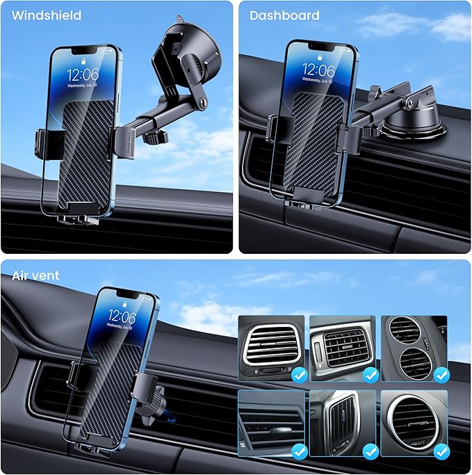 GUWEZ Phone Holders for Your Car [Military Grade Suction Ultra Strong Base] Cell Phone Car Holder 3 in 1 Dashboard/Windshield/Air Vent Hands-Free for Video Installation Kit iPhone Android