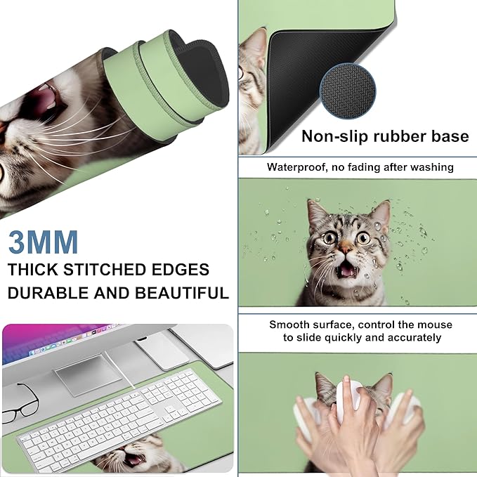 NITAHHHY Large Mouse Pad A Surprised Cat Gaming Desk Pad Computer Keyboard Non-Slip Waterproof Mouse Mat with Rubber Base and Stitched Edges Entertainment Office Writing Desk Mat 35.4 x 15.7 Inches