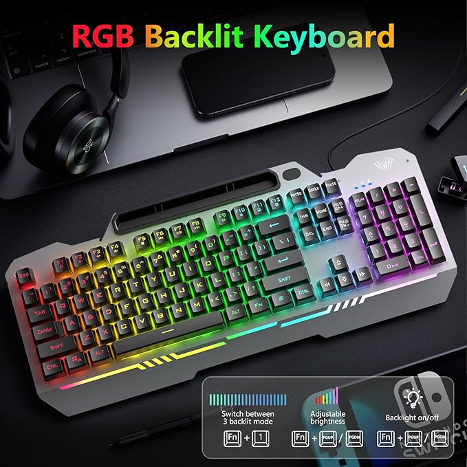 AULA Gaming Keyboard and Mouse, 104 Keys RGB Backlit Computer Keyboards Mouse and Keyboard Combo with Number Pad, All-Metal Panel Wired PC Keyboard for Laptop Win XP/7/8/10, T102 New Update Version