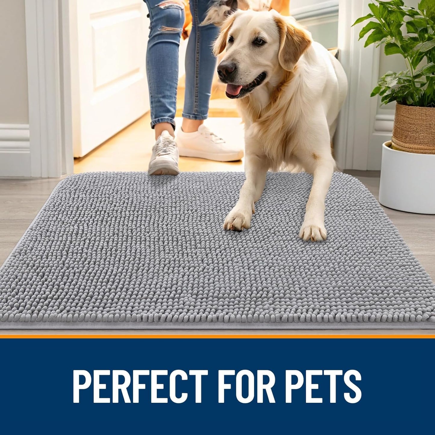 OLANLY Dog Door Mat - Absorbent Non-Slip Washable Chenille Mat for Muddy Paws | 24x16 Light Grey