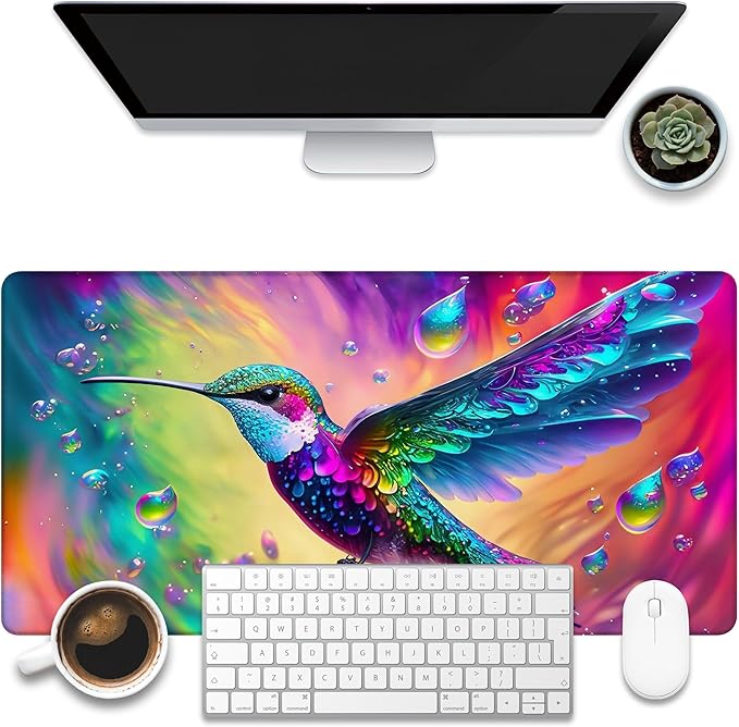 KOAIWPAE Large Gaming Mouse Pad for Desk, Colorful Hummingbird Desk Mat, Bright Hummingbird Desk Pad, 31.5"x15.7" Extended Big Computer Keyboard Mouse Pad with Non-Slip Base and Stitched Edge