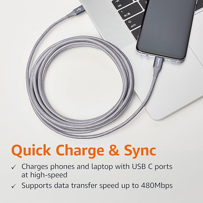 Amazon Basics Nylon Braided USB-C to USB-C 2.0 Fast Charger Cable, 60W, 480Mbps Speed, USB-IF Certified, for Apple iPhone 16/15, iPad, Samsung Galaxy, Tablets, Laptops, 10 Foot, Dark Gray