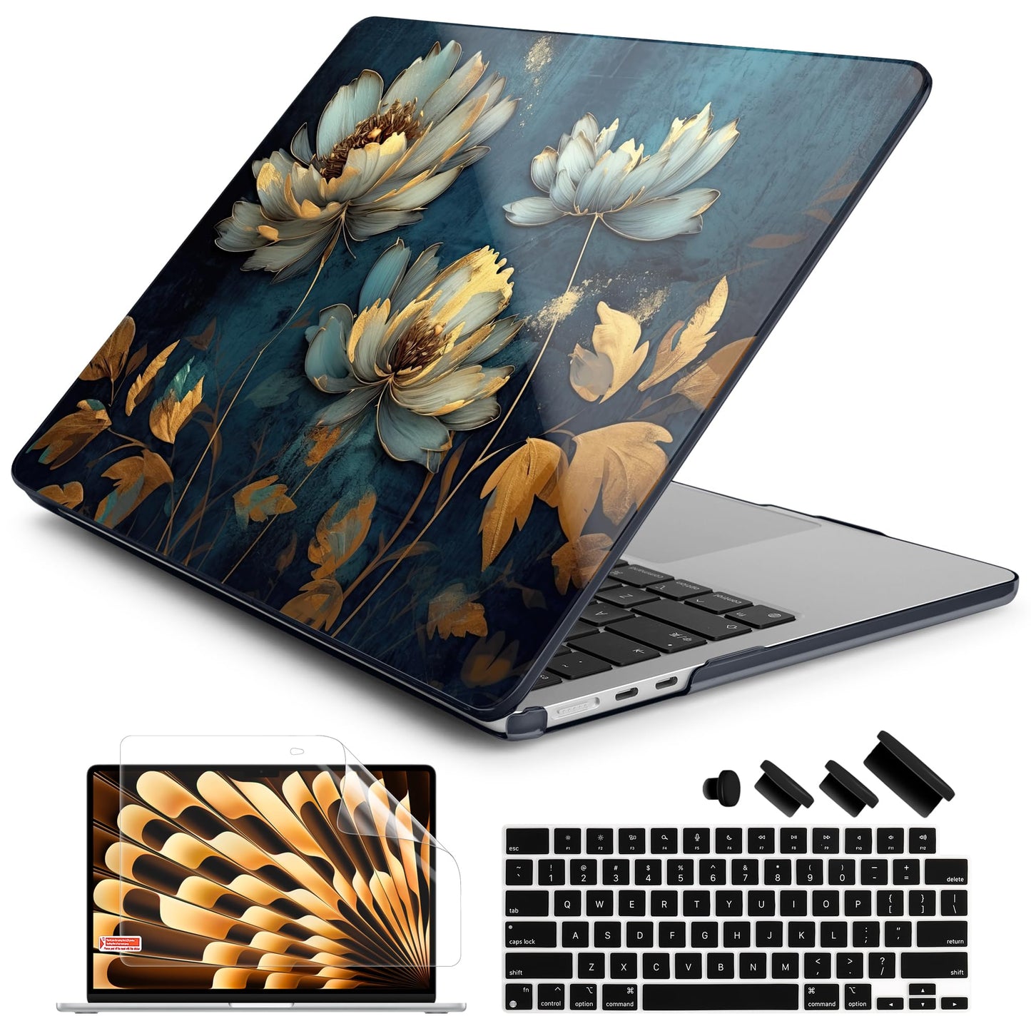 Batianda Premium Case for New MacBook Air 15 inch with M5 M4 M3 M2 Chip 2026 2025 2024 2023 Release, Designed Ultra-Slim Hardshell & Keyboard Cover & Screen Protector 4-in-1 Bundle, Blooming Flowers