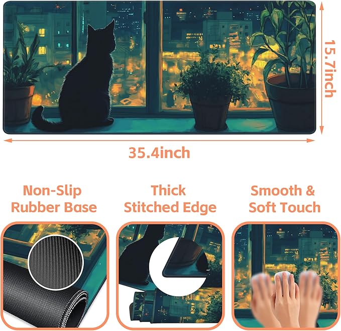 NIYLYNSYN Mouse Pad Large Cat Sitting on The Windowsill Non-Slip Game Desk Mat with Stitched Edge Laptop Keyboard Desk Pad for Work Home Gaming (35.4 x 15.7 Inches)