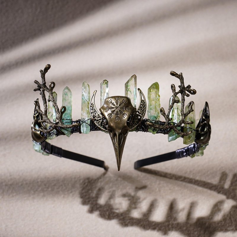 CoTeeZa Green Fairy Crystal Crown - Handmade Raw Quartz Tiara with Bronze Crow Branch Moon Elf Headpiece Fantasy Forest Witch Crown Wedding Renaissance Halloween Cosplay Woodland Headband