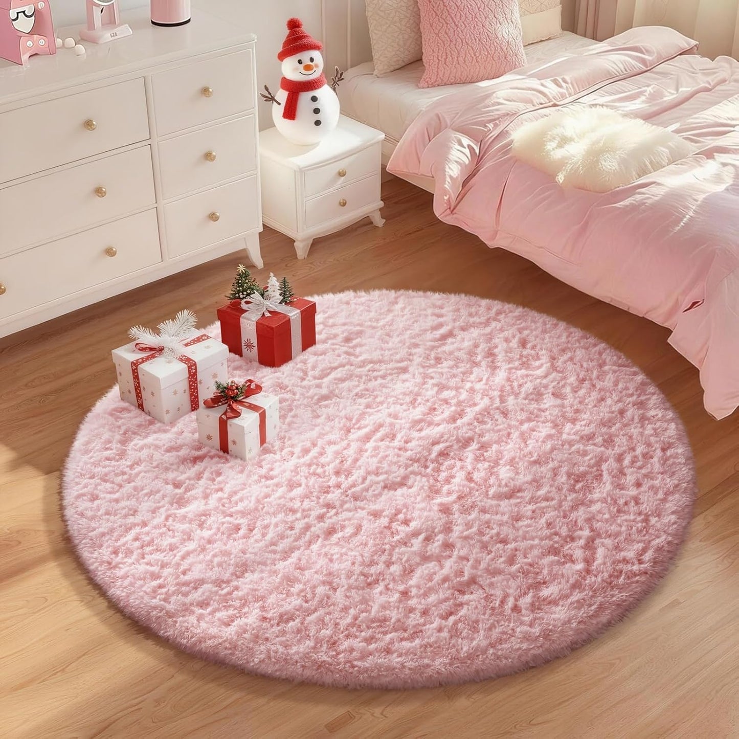 Ophanie Pink Round Rug - Fluffy Kawaii Shag Area Rug for Kids & Teens | 4Ft Plush Carpet for Bedroom Decor