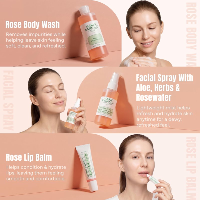 Mario Badescu Rose Essentials 3-Piece Set – Rose Body Wash, Rosewater Facial Spray & Lip Balm for Hydrating Head-to-Toe Skincare