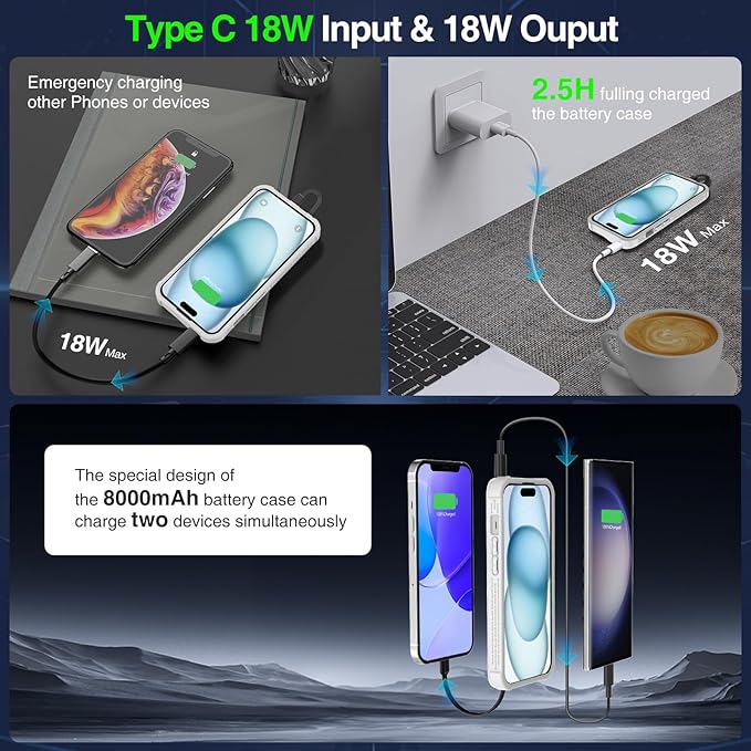 GIN FOXI Battery Case for iPhone 15 Pro Max/15 Plus, Charging Case Charger 7000mAh Portable Rechargeable Cover 15W Fast Ultra Slim Extended Battery Pack Juice Box Built-in Cable,Grey(6.7”)