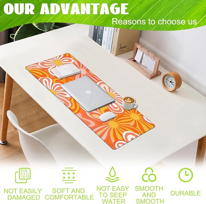 Eflxamz Desk Pad - Hippie Vintage Orange Flowers Desk Mat, Retro Floral Large Gaming Mouse Pad with Non-Slip Base and Stitched Edge, 31.5"x11.8"