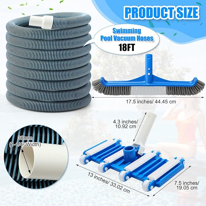 Pool Vacuum Kit Swimming Pool Vacuum Head With 1-1/2" x 30ft Pool Vacuum Hoses Flexible Pool Vacuum Head with Wheels And 14 '' Pool brush for Inground Pool Cleaning