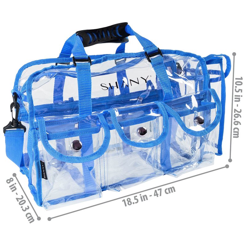 SHANY Cosmetics Shany clear pvc makeup bag - large professional makeup artist rectangular tote with shoulder strap and 5 external pockets - blue, Blue