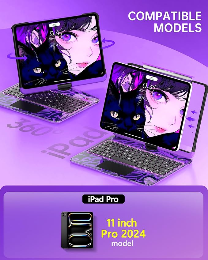 Intermerge Clear Keyboard Case for iPad Pro 11"(M5,2025/ M4,2024), 360° Swivel Multi-Touch Trackpad, 7-Color RGB Backlit, Pencil Holder, Type-C, Power Indicator, Neon Pulse