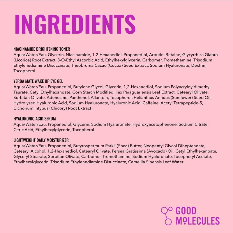 Good Molecules - The Daily Essentials - Niaciamide Brightening Toner (30 ml) - Hyaluronic Acid Serum (30 ml) - Yerba Mate Eye Gel (15 ml) - Silicone-Free Priming Moisturizer (15 ml) - (Set of 4)