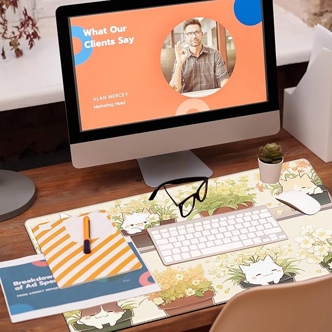 KOAIWPAE Desk Pad, Cute Cat Potted Plant Desk Mat, Anime Kawaii Cat Large Gaming Mouse Pad for Desk, 31.5"x15.7" Extended Big Computer Keyboard Mouse Pad with Non-Slip Base and Stitched Edge