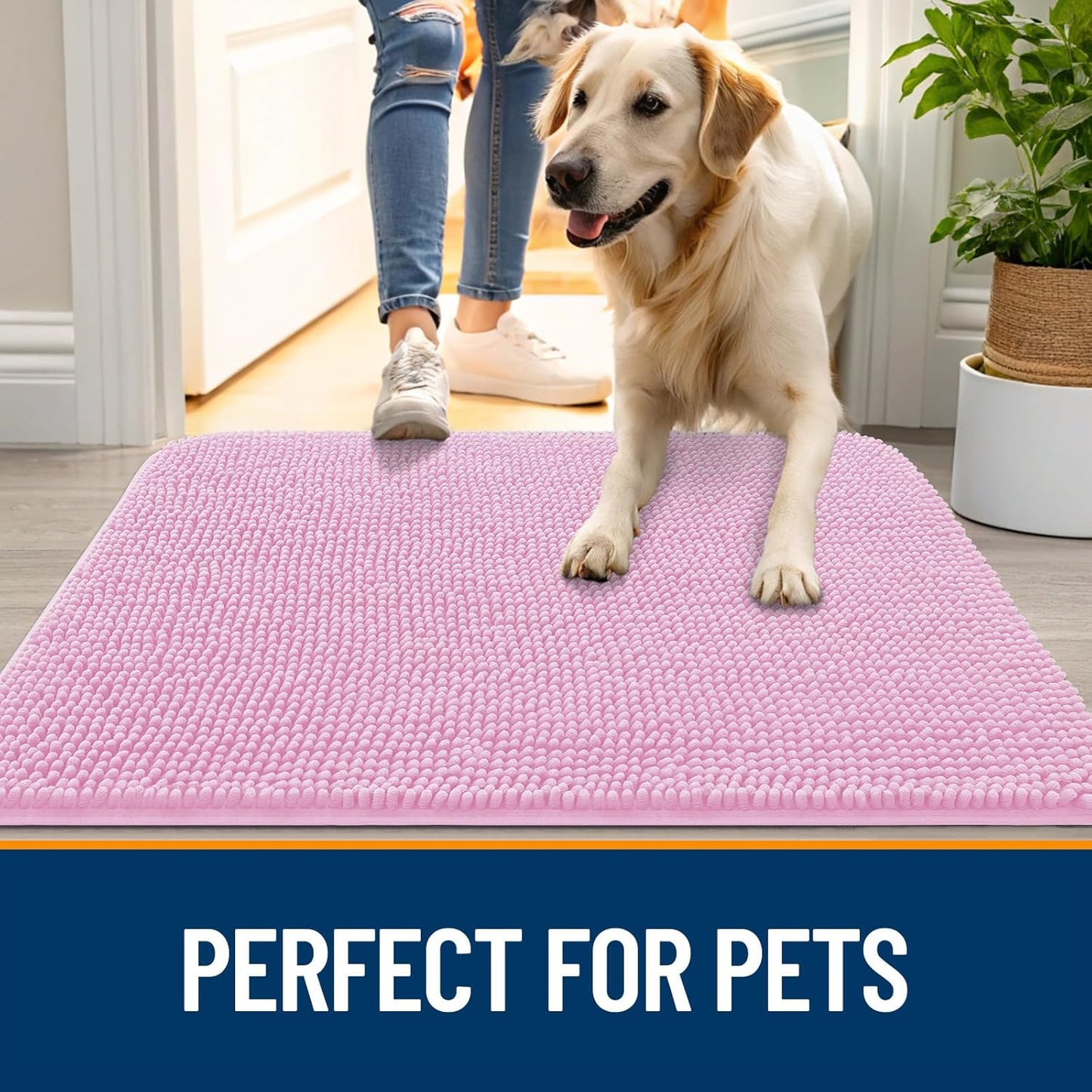 OLANLY Dog Door Mat - Absorbent Non-Slip Washable Doormat for Muddy Paws | 54x32 Pink Chenille Carpet