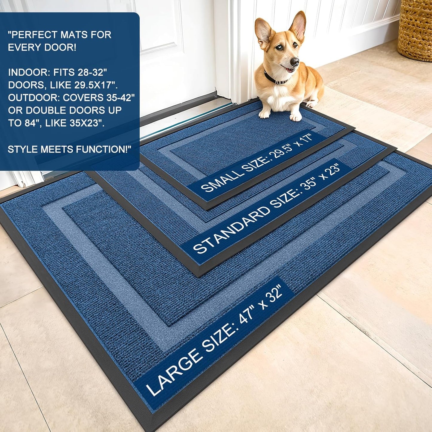 OLANLY Indoor Outdoor Front Door Mat - Waterproof All-Season Doormat, Sturdy Rubber, Easy Clean | 35x23, Light Blue