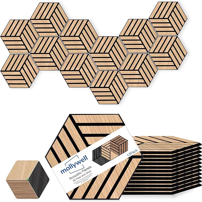 Mollywell Acoustic Panels, PVC Wood-Grain, 14x12 Inch Hexagon Carved Sound Proof Wall Tiles, Self-Adhesive High Density Felt for Home Theater/Studio/Office Echo Reduction, 12 Pack Natural Oak, TH4