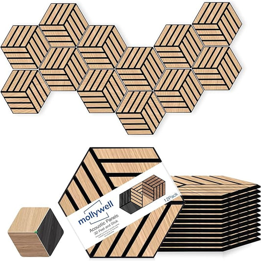 Mollywell Acoustic Panels, PVC Wood-Grain, 14x12 Inch Hexagon Carved Sound Proof Wall Tiles, Self-Adhesive High Density Felt for Home Theater/Studio/Office Echo Reduction, 12 Pack Natural Oak, TH4