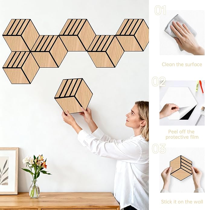 Mollywell Acoustic Panels, PVC Wood-Grain, 14x12 Inch Hexagon Carved Sound Proof Wall Tiles, Self-Adhesive High Density Felt for Home Theater/Studio/Office Echo Reduction, 12 Pack Natural Oak, S4
