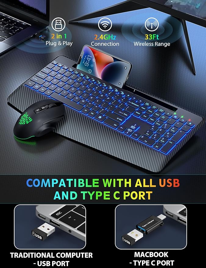 Wireless Keyboard and Mouse Backlit, Wrist Rest, LED Mouse, Rechargeable Ergonomic Keyboard with Phone Holder, Silent Light Up Combo for Computer, Mac, PC, Laptop, Chromebook - SABLUTE KM22 Ultra+