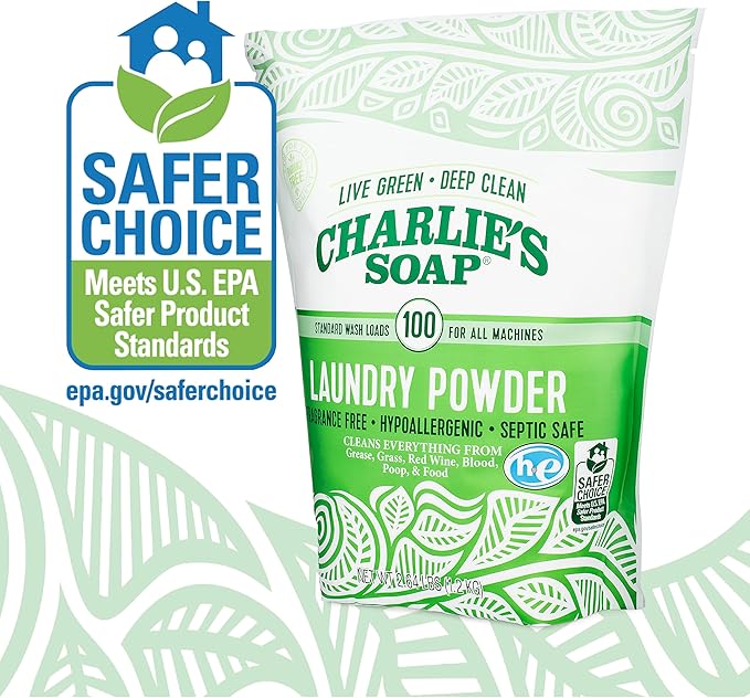 Charlieâs Soap Laundry Powder (100 Loads, 6 Pack) Hypoallergenic Deep Cleaning Washing Powder Detergent â Eco-Friendly, Safe, and Effective