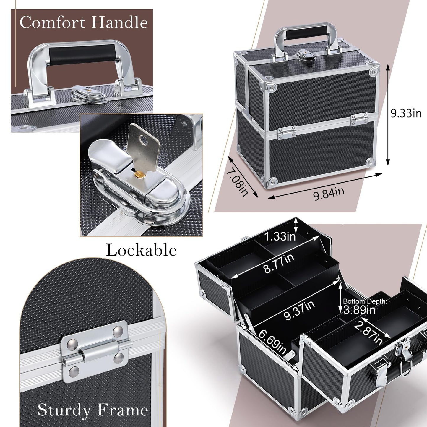 Frenessa Makeup Train Case Cosmetic Organizer Case Professional Makeup Storage Box 4 Trays with Divider Lockable Travel Case Portable Travel Makeup Box for Makeup Artist, Carfter, Cosmetics Black