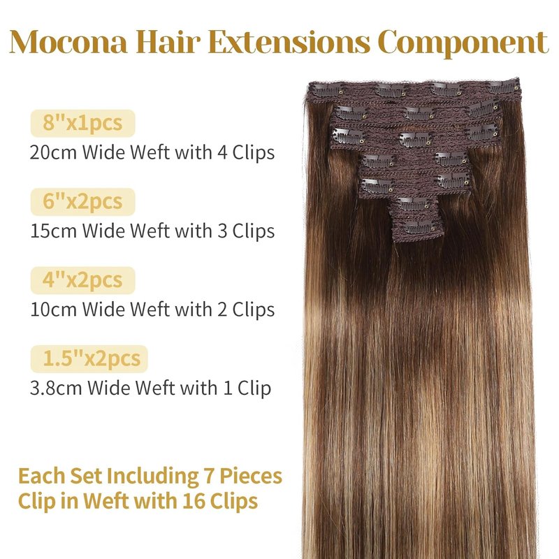 Real Human Hair Clip-In Extensions - Ombre Chocolate Brown to Caramel Blonde | 14 Inch, 7pcs, 70g